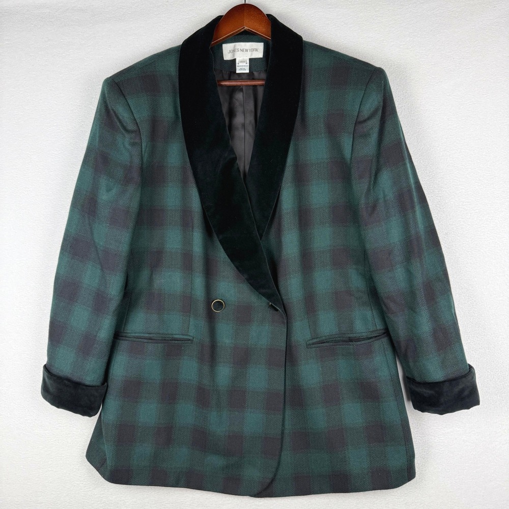 Vtg Jones New York Blazer Womens 14W Green Plaid Wool Velvet Shawl Collar Luxury